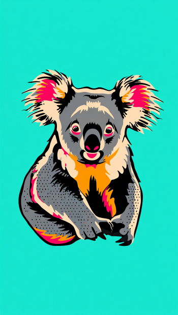 Vibrant pop-art koala with neon accents on a turquoise background, vertical iPhone wallpaper.