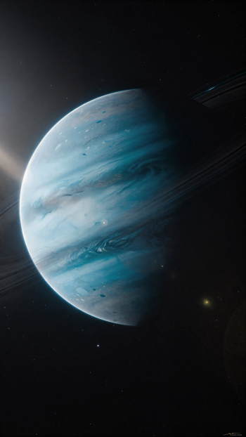 Vertical iPhone wallpaper of Neptune: swirling blue-green bands, faint rings and distant stars set against the dark expanse of space.