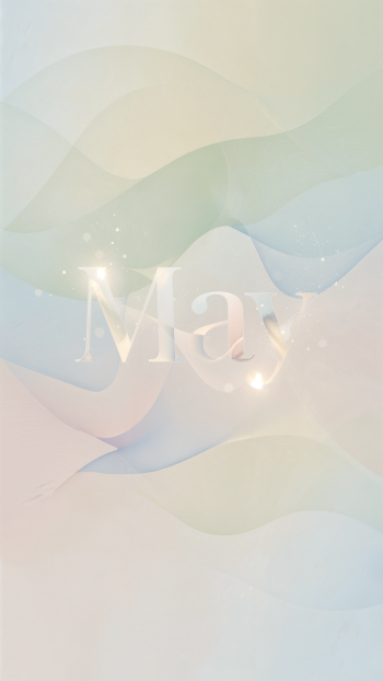 Vertical iPhone wallpaper with pastel flowing waves in soft blue, peach and cream, featuring glowing translucent May lettering and delicate scattered sparkles.