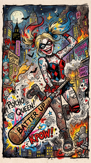 iPhone wallpaper: comic-style Harley Quinn with multicolored pigtails, grinning as she swings a graffiti-covered baseball bat through neon-lit, chaotic Gotham with flames, signs and comic sound effects.