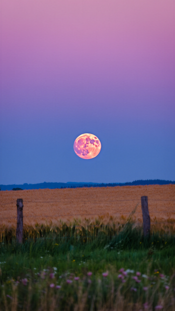 iPhone wallpaper: harvest moon rising above a golden field at twilight, pink-purple sky with wildflowers in the foreground.