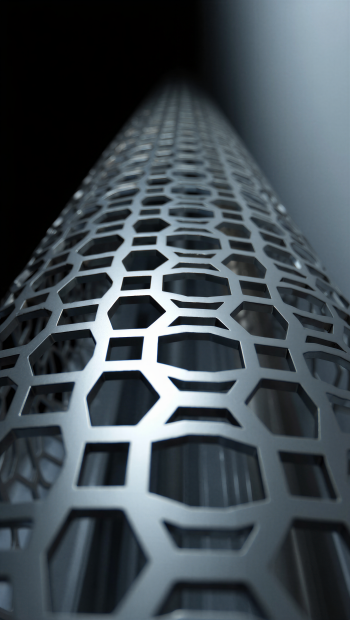 iPhone wallpaper: close-up industrial design of a metallic perforated tube with geometric hexagonal pattern and strong vanishing perspective in cool steel tones.