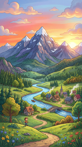 Scenic iPhone wallpaper: vibrant illustration of a winding river through a valley, cottage village and bridge, blooming meadows, pine forests and snow-capped mountains at sunrise.