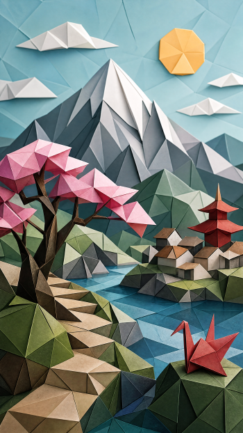 Polyscape iPhone wallpaper: polygonal origami landscape with a snow‑capped mountain, sun and clouds, cherry blossom tree, riverside pagoda and a red paper crane in the foreground.