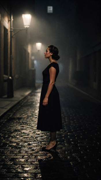 iPhone wallpaper of a woman in a black dress shown in profile, standing on a wet cobblestone street at night beneath glowing vintage lampposts.