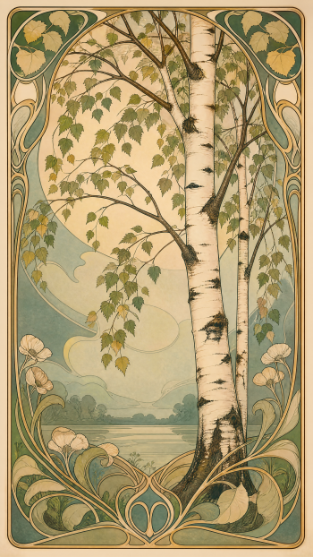 iPhone wallpaper showing Art Nouveau birch trunks and fluttering leaves by a calm lake, set within an ornate floral border in soft greens and cream tones.
