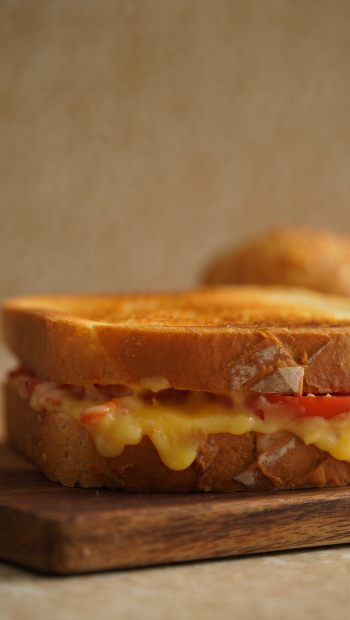 Close-up iPhone wallpaper of a gooey grilled cheese sandwich with melted cheddar and tomato on toasted bread, warm tones and shallow depth of field.