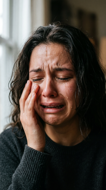 Emotions-themed iPhone wallpaper: close-up of a woman crying, tears streaking down her face, hand on her cheek, eyes closed in a moment of raw grief.