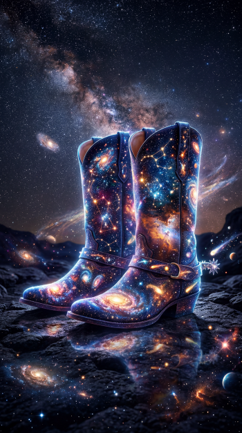 iPhone wallpaper of glowing cowboy boots patterned with galaxies and constellations, reflected on rocky ground beneath a star-filled Milky Way sky.