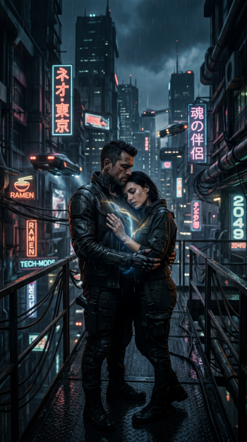 Cyberpunk iPhone wallpaper Soulmate: two armored lovers embrace on a rainy neon-lit city balcony, a soft glowing energy linking their hands.