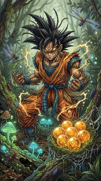 Dragon Ball iPhone wallpaper: Goku powering up in a glowing forest, crackling aura around him, seven Dragon Balls in a nest, dragonflies and bioluminescent mushrooms.
