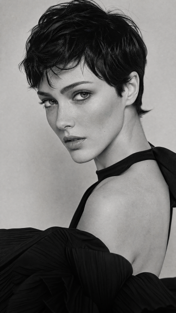 Monochrome close-up of a woman with short dark hair, turned over her shoulder and meeting the camera with an intense gaze; sleek minimalist iPhone wallpaper.