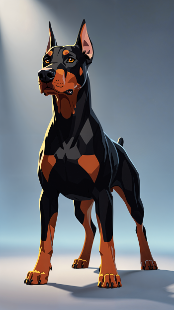 Stylized Doberman Pinscher standing alert in dramatic light, full-body portrait on a vertical iPhone wallpaper.