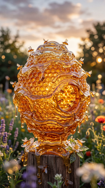 iPhone wallpaper: glowing amber beehive sculpture dripping honey on a post, surrounded by bees and wildflowers at sunset.