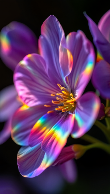 Close-up purple flower with rainbow prism colors on petals and bright yellow stamen against a dark background, vertical iPhone wallpaper.