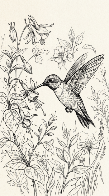 Black-and-white line drawing of a hummingbird sipping bell-shaped flowers amid botanical sketches — vertical iPhone wallpaper, delicate ink illustration.