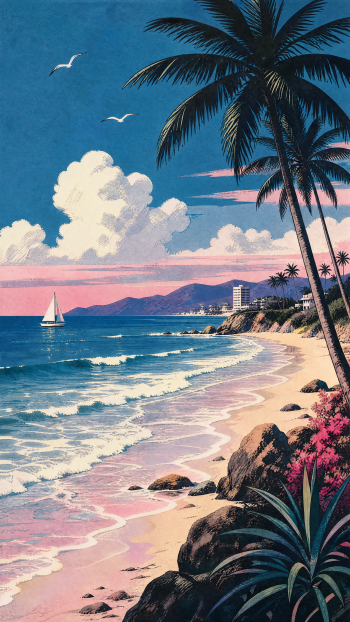iPhone wallpaper of a pastel seashore: palm-fringed sandy beach with rocks, gentle waves, a sailboat on blue water and pink sunset clouds.