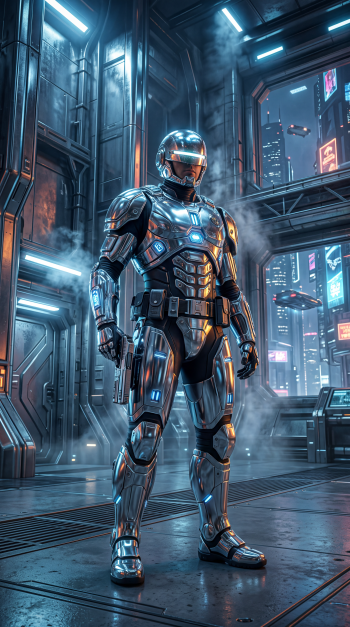 iPhone wallpaper: chrome-armored cyber soldier with pistol standing in a neon-lit futuristic city interior, steam and floating vehicles visible through large windows.