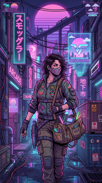 iPhone wallpaper — neon vaporwave cyberpunk smuggler in a mask walks a rainy city alley, tactical gear and a satchel of glowing contraband beneath a pink‑purple moon.