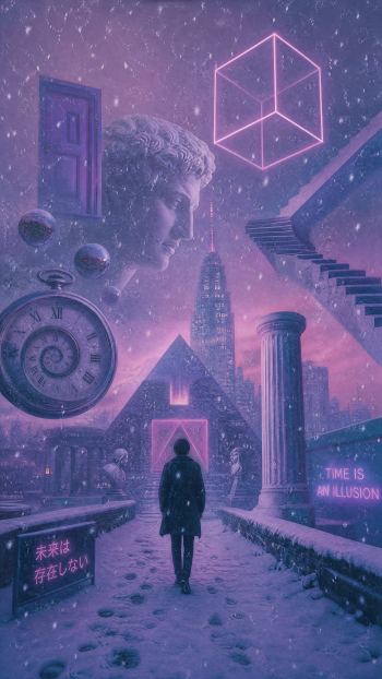Snowing iPhone wallpaper: a lone figure walks into a neon purple-pink surreal city with pyramids, floating clock, classical bust, glowing cube and ascending stairways.