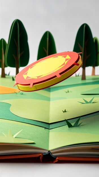 Paper-cut style frisbee hovering above a pop-up book landscape with stylized trees — vertical iPhone wallpaper.
