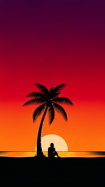 iPhone wallpaper: beach sunset with a silhouetted palm and lone figure sitting on the shore as the sun sinks into an orange-to-purple sky.