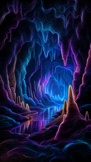 Vertical iPhone wallpaper of a neon cavern: glowing stalactites and stalagmites, contour-like ridges and a reflective blue-purple pool.