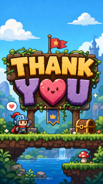 Colorful cartoon iPhone wallpaper: platformer scene with a wooden THANK YOU sign (heart as the O), a chibi knight, treasure chest, mushroom, and river under a bright sky.