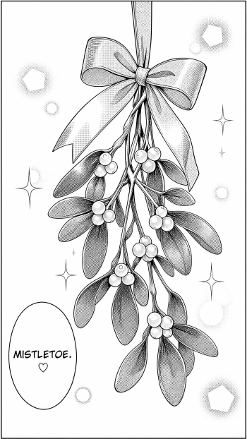 Monochrome manga-style iPhone wallpaper of a hanging mistletoe sprig tied with a ribbon bow, glossy berries and sparkles, with a small MISTLETOE. speech bubble.