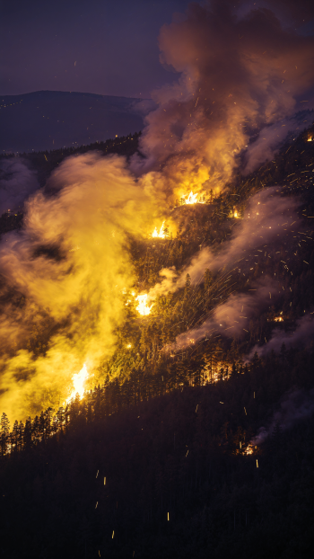 iPhone wallpaper of a nighttime mountainside wildfire — bright orange flames and billowing smoke racing up a forested slope, embers falling against a dark sky.
