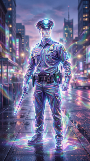 iPhone wallpaper of a neon-lit cop standing on a rain-slick city street, glowing baton and badge amid purple-blue light and reflections.