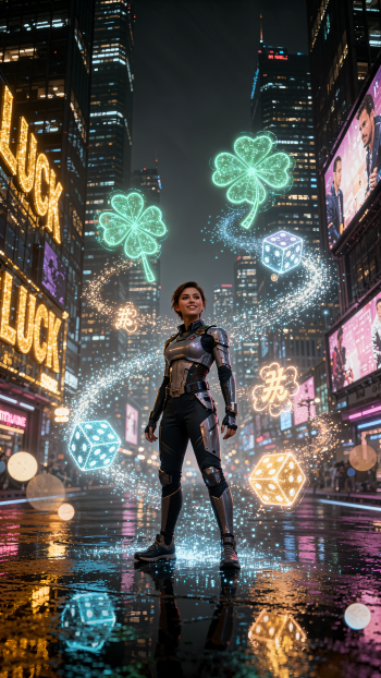iPhone wallpaper Lucky: armored heroine stands in a neon city at night as glowing four-leaf clovers, dice and sparkles swirl around her, wet street reflecting the vibrant lights.