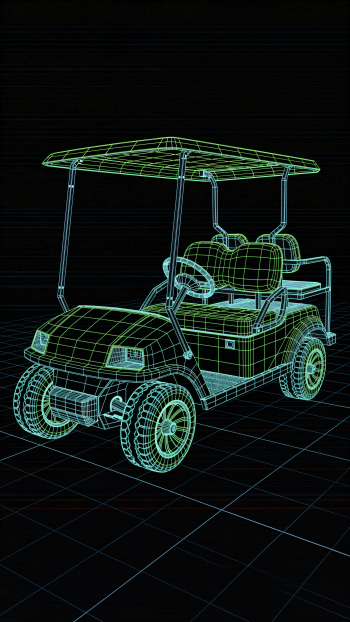 Vertical iPhone wallpaper of neon green/blue wireframe golf cart on a black grid background, futuristic 3D blueprint style.