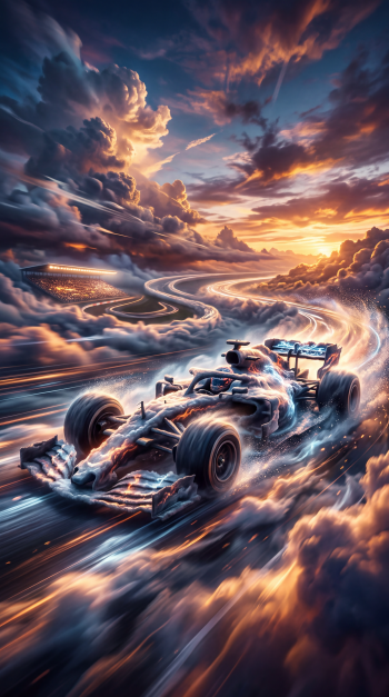 F1 iPhone wallpaper: surreal F1 car speeding through glowing clouds along a winding sky-track at sunset, streaks of light and dramatic motion.