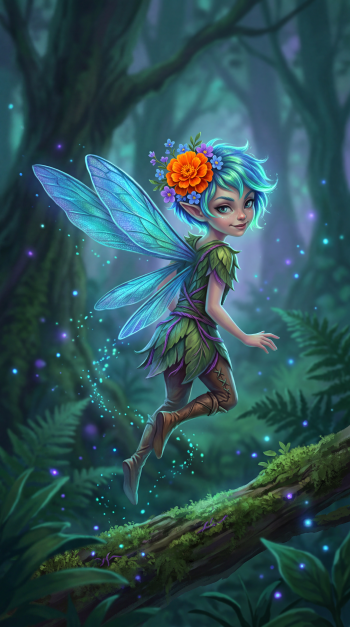 Pixie with turquoise hair, translucent wings and orange flower crown hovering above a mossy log in a glowing forest — iPhone wallpaper.