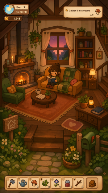 Warm and Cozy iPhone wallpaper: a cottage living room at dusk with a crackling fireplace, person reading on a sofa, potted plants, bookshelf and lanterns bathing the room in golden light.