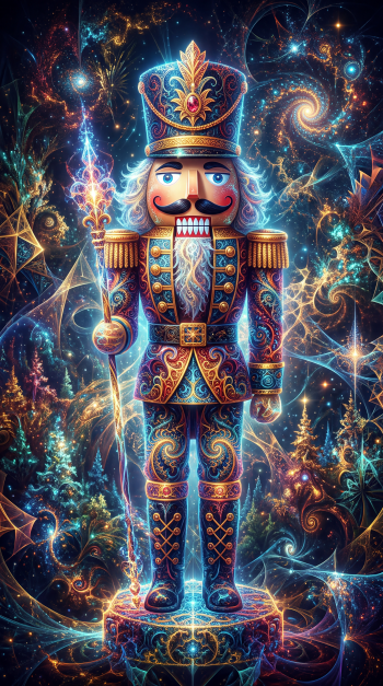 Vibrant nutcracker with ornate uniform and glowing staff in a cosmic fractal forest — vertical phone/iPhone wallpaper.