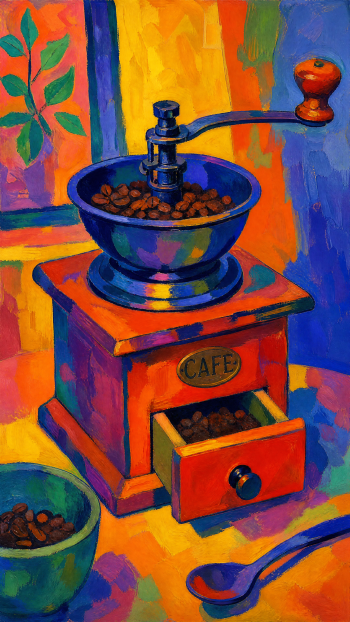 Vibrant iPhone wallpaper: colorful painterly vintage coffee grinder with beans, open drawer, spoon and leaf-patterned background.