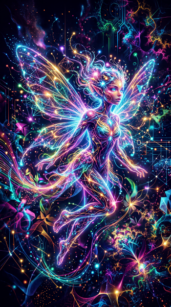 Neon pixie with luminous wings and swirling light trails against a starry, circuitry-tinged cosmic background with floral accents — colorful iPhone wallpaper.