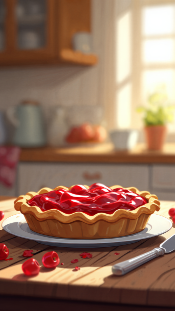 iPhone wallpaper: glossy cherry pie on a sunlit kitchen table, cherries scattered around and a knife resting nearby.
