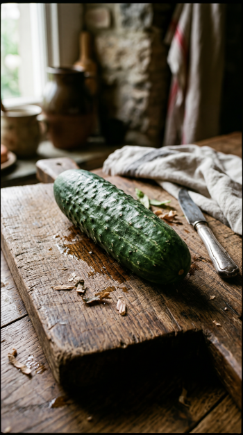 iPhone wallpaper: a textured cucumber on a wooden cutting board with a knife and cloth, bathed in warm rustic kitchen light.
