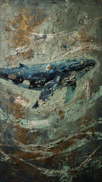 Painterly blue whale gliding across a textured vertical phone/iPhone wallpaper in teal, gray and rust tones.