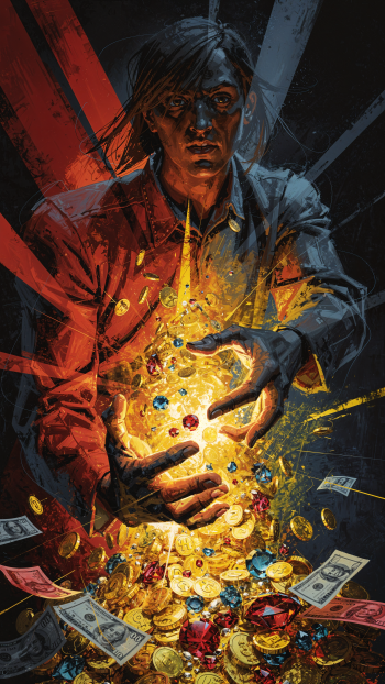 iPhone wallpaper Greed — a shadowed figure clutching a glowing avalanche of gold, gems and banknotes, face lit by molten light as treasure spills around them.