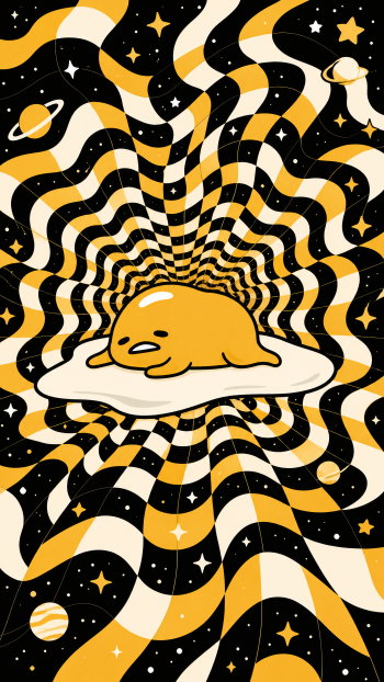 Vertical iPhone wallpaper of Gudetama sprawled on an egg white amid a swirling yellow-and-black checkerboard vortex dotted with stars and orbiting planets.