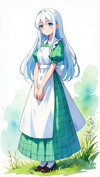 iPhone wallpaper of a shy blue-eyed anime girl with long silver hair, wearing a green checked dress and white apron, standing on a grassy meadow dotted with small flowers.
