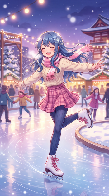 iPhone wallpaper of a smiling blue-haired girl ice skating on a festive outdoor rink, twinkling lights, snowy stalls, and cheerful skaters in the background.
