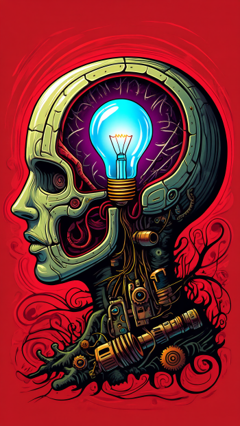 Phone/iPhone wallpaper showing a stylized mechanical skull profile with a glowing lightbulb in its brain, gears and cables entwined on a vivid red background — Idea.