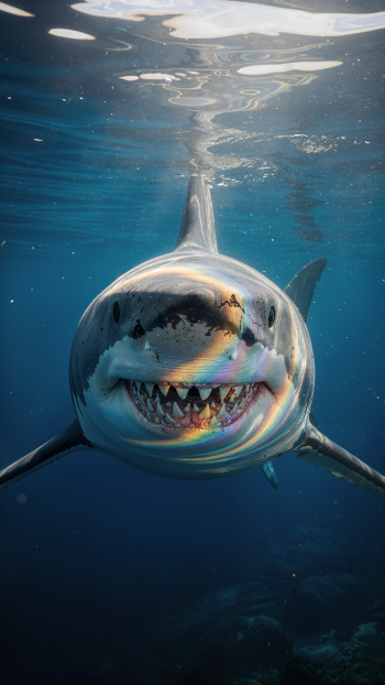 Vertical iPhone wallpaper: close-up great white shark swimming toward the viewer beneath a sunlit surface, rainbow light gleaming across its snout and teeth.
