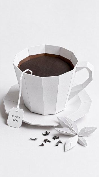 Minimalist phone wallpaper showing a paper-crafted white teacup and saucer filled with black tea, a tea bag labeled BLACK TEA and folded paper leaves on a pale background.