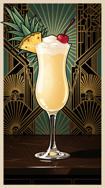 iPhone wallpaper showing an art-deco Pina Colada: frothy cocktail in a tall glass garnished with a pineapple slice and cherry against a geometric gold and green backdrop.